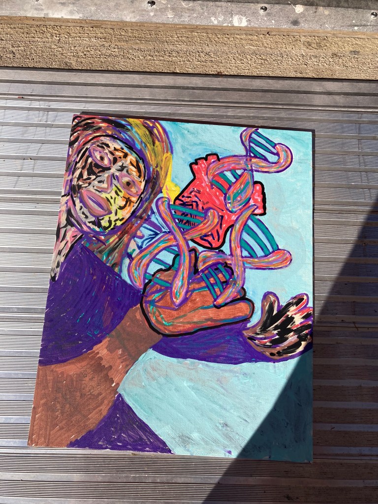 Women looking at Hand of God holding DNA